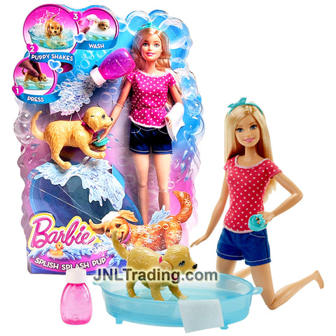 Year 2015 Pet Series 12 Inch Doll - SPLISH SPLASH PUP DGY83 with Caucasian Model BARBIE, Golden Retriever Puppy, Tub, Soap Bottle, Hand Brush & Towel