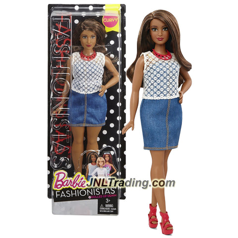 Mattel Year 2015 Barbie Fashionistas Series 12 Inch Doll - Curvy African American with Brown Long Hair (DPX68) in Lace Top, Denim Dress with Necklace
