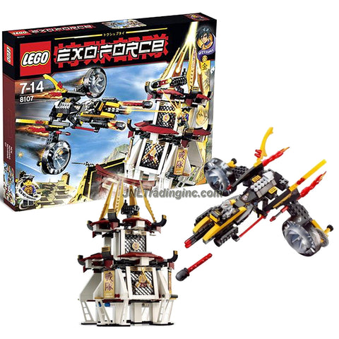 Lego Year 2007 Exo-Force Series Battle Scene Set # 8107 - FIGHT FOR THE GOLDEN TOWER with Sonic Raven with Moveable Wings, Missile Launcher and 2 Missiles; Golden Gate with Crank that Lower the Gate, Missile Launcher and 1 Missile Plus Hitomi Minifigure (Total Pieces: 571)