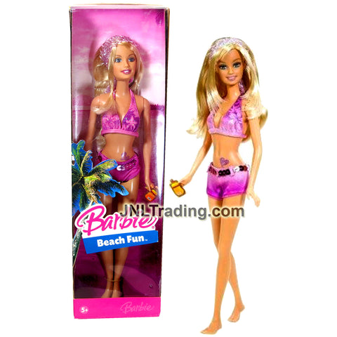 Year 2006 Beach Fun Series 12 Inch Doll Set - Caucasian Model BARBIE J0709 in Pink Bikini Swimsuit with Sunglasses and Lotion Bottle