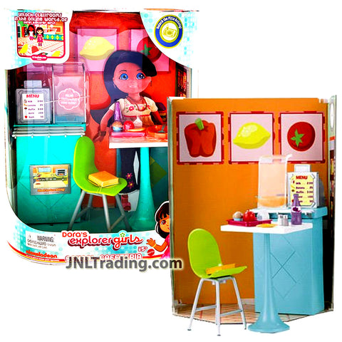 Year 2009 Dora's Explorer Girls Link Furniture Set SCHOOL CAFETERIA with Background, Display Counter, Cash Register, Table, Chair, Menu & Food Pieces