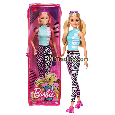 Year 2020 Barbie Fashionistas Series 12 Inch Doll Set #158 - Caucasian Model GRB50 in Teal Malibu Tops and Checker/Zebra Leggings with Sunglasses