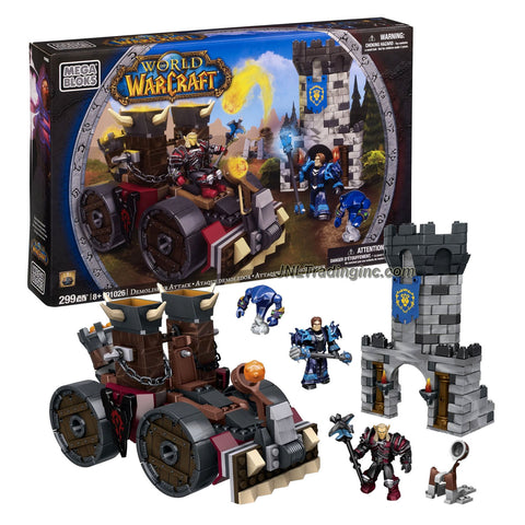 Mega Bloks Year 2012 World of Warcraft Series Set #91026 - DEMOLISHER ATTACK with Horde Demolisher Siege Engine with a Catapult Launcher, Spinning Wheels and Projectiles Plus Alliance Fort Tower, Human Warlock, Blood Elf Death Knight and Void Walker Minion Figure (Total Pieces: 299)