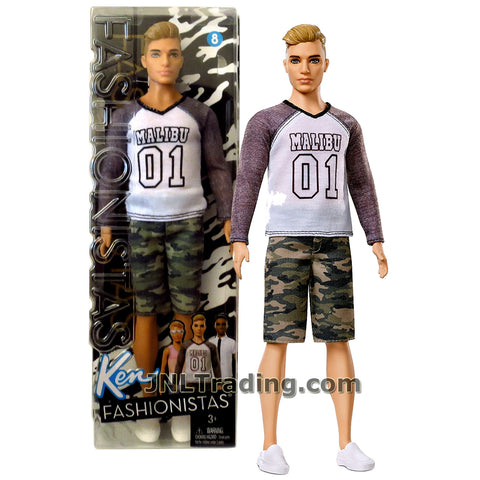 Barbie Year 2016 Ken Fashionistas Series 12 Inch Doll - Muscular Caucasian KEN FNH40 in MALIBU 01 Long Sleeve Tee and Camo Comeback Shorts
