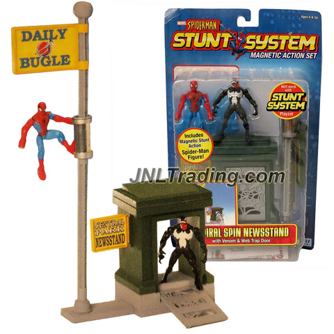 ToyBiz Year 2005 Marvel Spider-Man Stunt System Magnetic Action 3 Inch Tall Figure Set - SPIRAL SPIN NEWSSTAND with Spider-Man, Venom & Web Trap Door