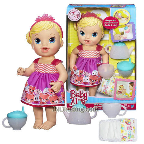 Year 2014 Baby BA Alive Series 12 Inch Doll Set - Teacup Surprise Baby (Caucasian Version) with Tiara, Teapot, Cup. Sippy Cup and Diaper
