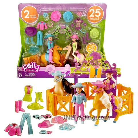 Year 2005 Polly Pocket HORSING AROUND with Polly and Lila Doll, Horses, Fence, Cowgirl Outfits and Accessories