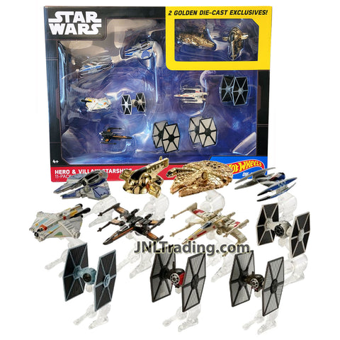 Year 2015 Hot Wheels Star Wars Die Cast Vehicles - HERO and VILLAIN STARSHIPS with Jedi Starfighter, Vulture Droid, Ghost, 4 Tie Fighters, 2 X-Wing Fighters Plus 2 Exclusives Golden Millennium Falcon & Boba Fett's Slave I