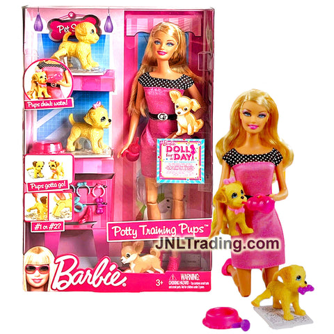 Year 2009 Barbie 12 Inch Doll Set - POTTY TRAINING PUPS T9397 with Caucasian Model , 2 Puppies, Color-Change Newspaper, Dog Bowl, Collars and Toys