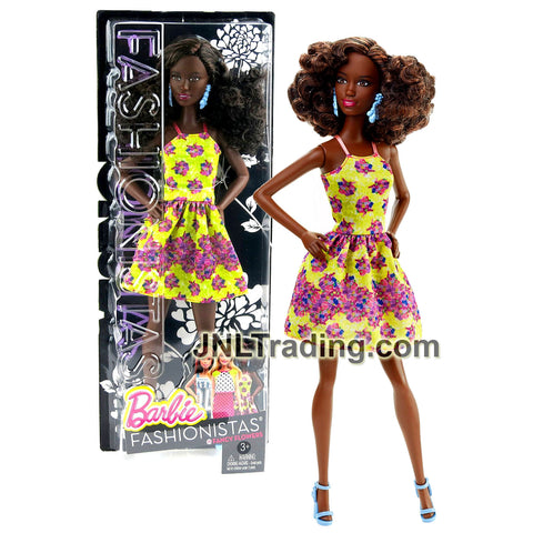 Year 2015 Barbie Fashionistas Series 12 Inch Doll #20 - African American Model DGY65 in Yellow Fancy Flowers Dress with Earrings