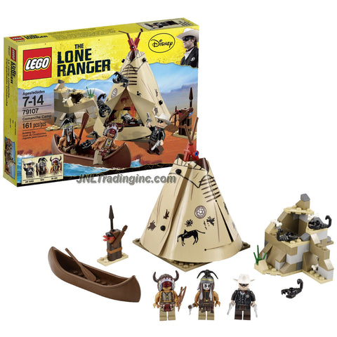 Lego Year 2013 The Lone Ranger Movie Scene Set #79107 - COMANCHE CAMP with Teepee, Weapon Rack, Canoe with Oar and Rocky Outcrop with Scorpion Plus The Lone Ranger, Tonto and Red Knee Minifigures (Total Pieces: 161)