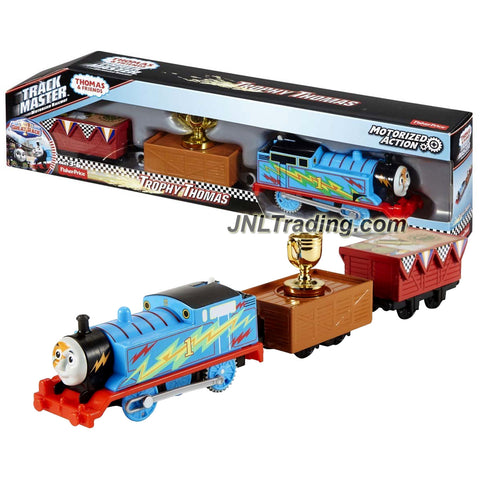 Fisher Price Year 2016 Thomas & Friends Trackmaster Series Motorized Railway 3 Pack Train Set - TROPHY THOMAS with 2 Cargo Wagons and a Trophy