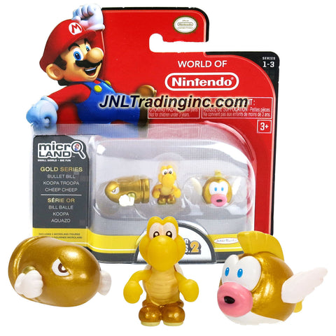 Jakks Pacific Year 2015 World of Nintendo "Super Mario Bros 2" Series 3 Pack 1 Inch Tall Micro Land Mini Figure - Gold BULLET BILL, Gold KOOPA TROOPA and Gold CHEEP CHEEP