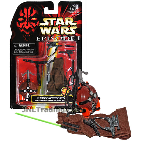 Star Wars Year 1998 The Phantom Menace Series Kit - NABOO ACCESSORY SET with Jedi Cloak, Grappling Hook Backpack, Blaster Rifles, Blaster Pistol, Lightsaber and Lightsaber Handle