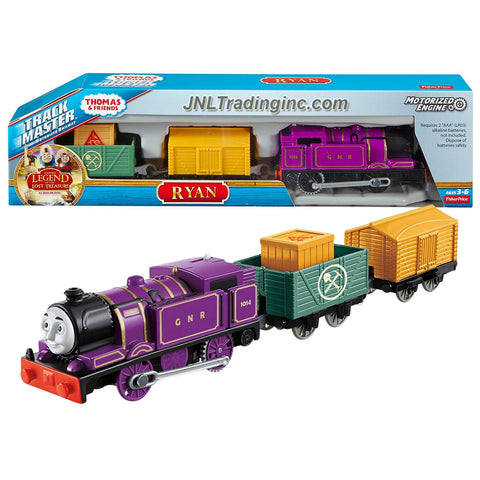 Fisher Price Year 2015 Thomas and Friends "Sodor's Legend of the Lost Treasure" Series Trackmaster Motorized Railway 3 Pack Train Set - RYAN the Purple Tank Engine (CDB75) with 2 Cars and 1 Removable Cargo