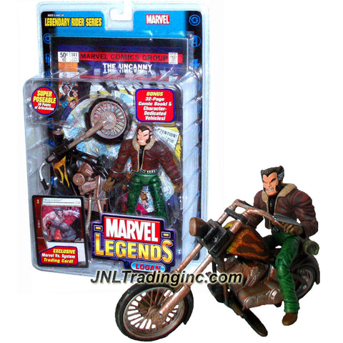 Toy Biz Year 2005 Marvel Legends Legendary Rider Series Super Poseable 6 Inch Tall Action Figure - LOGAN (in Brown Jacket and Green Pants) with 34 Points of Articulation, Wolverine Motorcycle, Trading Card Plus Bonus 32 Page Comic Book
