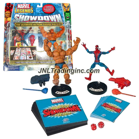 ToyBiz Year 2005 Marvel Legends Showdown Series 2 Pack 4 Inch Tall Action Figure Starter Set : SPIDER-MAN vs. THING with 2 Bases, 6 Power Cards, 12 Battle Tiles, 2 Projectile Launchers with 2 Projectiles, 2 Dices and Rulebook