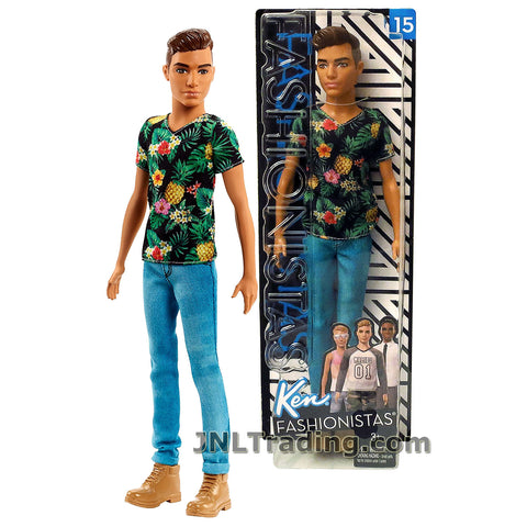 Barbie Year 2017 Fashionistas Series 12 Inch Doll #15 - Slim Hispanic KEN FJF73 in Black Tropical Vibes Shirt and Faded Blue Denim Pants