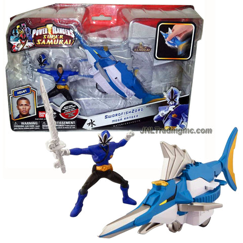 Bandai Year 2011 Power Rangers Samurai Series Action Figure Zord Vehicle Set - SWORDFISH ZORD with 3-1/2 Inch Tall Water Blue Mega Ranger "Kevin" and Removable Mask