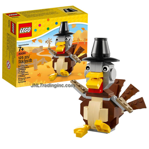Lego Year 2014 Seasonal Series 4 Inch Tall Figure Set #40091 - Thanksgiving TURKEY with Adjustable Tail Feathers, Wings, Mouth and Feet Plus Pilgrim's Hat (Total Pieces: 125)