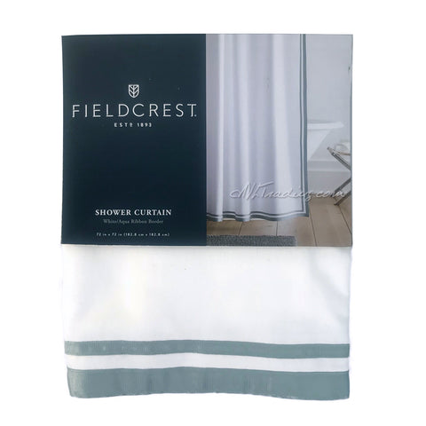 Fieldcrest Luxury Elegant White Aqua Ribbon Border Shower Curtain 72x72"