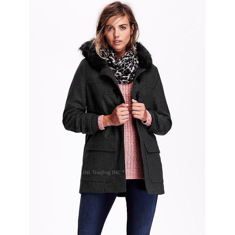 Old Navy Women's Wool-Blend Toggle Coat Warm Winter Jacket faux-fur-trimmed