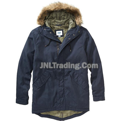 Old Navy Men's Long Hooded Canvas Coat removable faux-fur trim Warm Jacket