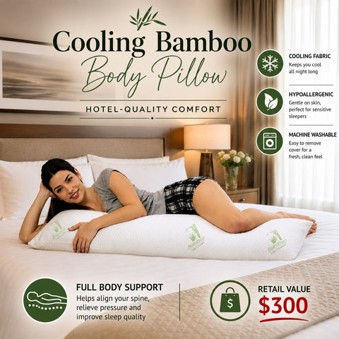 Cooling Bamboo Memory Foam Body Pillow Full Body Support Hypoallergenic Washable Hotel Quality Comfort Side Back Sleepers