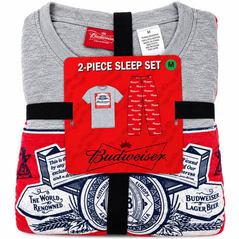 Budweiser Men's 2 Piece Pajama Sleep Set T-Shirt Lounge Pants Gray Red Size M