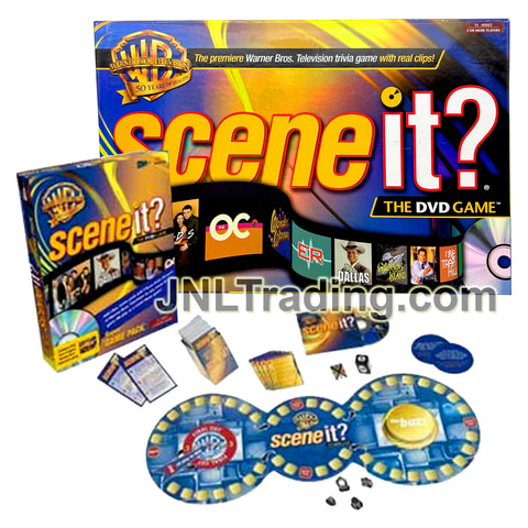 Year 2005 Scene It?  Warner Bros. The DVD Board Game with Gameboard, DVD, 2 Dies, 4 Tokens, 160 Trivia Cards, 30 Buzz Cards and 4 Reference Cards