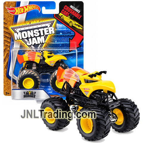 Year 2015 Hot Wheels Monster Jam 1:64 Scale Die Cast Truck - NITRO HORNET DMK96 with Blue Crushable Car (D: 3-1/2" L x 2-1/4" W x 2-1/2" H)