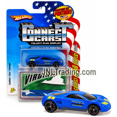 Year 2008 Hot Wheels Connect Cars  Series 1:64 Scale Die Cast Car Set #10 VIRGINIA State Norpolk Patrol Blue Sports Coupe CADILLAC CIEN CONCEPT N4172