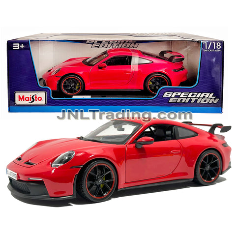 Maisto Special Edition Series 1:18 Scale Die Cast Car Set - Red Sports Coupe PORSCHE 911 GT3 with Spoiler and Display Base