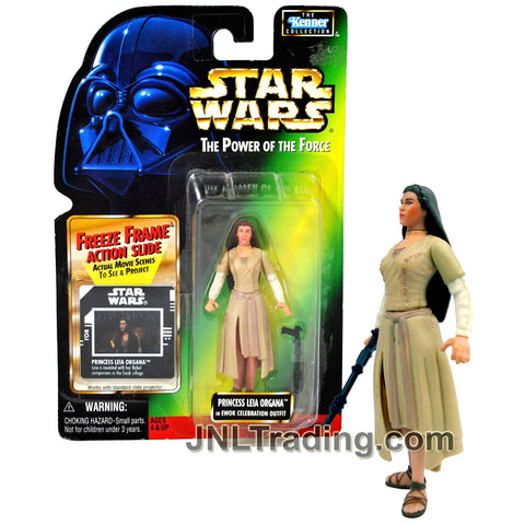 Year 1997 Star Wars Power of The Force 4 Inch Figure - PRINCESS LEIA ORGANA in Ewok Celebration Outfit with Blaster and Freeze Frame Action Slide