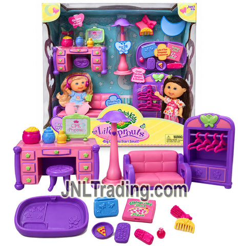 Yr 2007 Cabbage Patch Kids Lil’ Sprouts Best Friends Sleepover with Closet, Hangers, Futon Couch/Bed, Table, Lamp, Desk, Stool, Playmat & Accessories