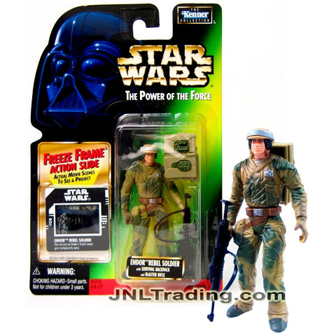 Year 1997 Star Wars Power of The Force Series 4 Inch Figure - ENDOR REBEL SOLDIER with Backpack, Rifle and Freeze Frame Action Slide