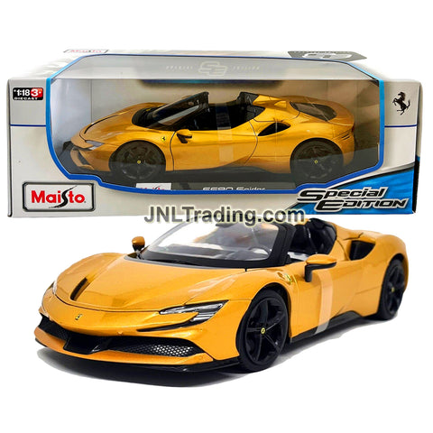 Maisto Special Edition Series 1:18 Scale Die Cast Car - Metallic Gold Hybrid Sport Convertible FERRARI SF90 SPIDER with Display Base