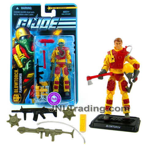 Year 2010 GI JOE Mission The Pursuit of Cobra Jungle Assault 4 Inch Figure - Flamethrower BLOWTORCH with Flamethrower, Fire Axe, Rifle & Display Base