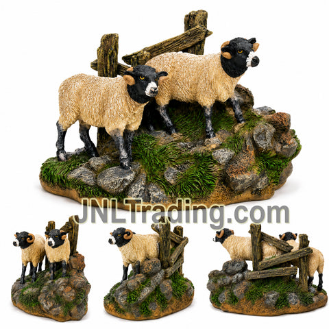 JNL Trading 5 Inch Scottish Blackface Sheep Figurine Resin Farm Animal Sculpture with Rustic Fence Country Home Decor