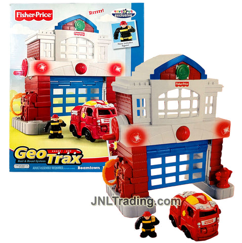 Year 2007 Geo Trax Rail & Road System BEAMTOWN FIRE STATION with Working Light and Sound, Fire Truck and Fireman Figure