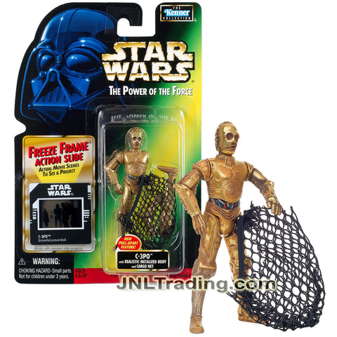 Year 1997 Star Wars Power of The Force Series 4 Inch Figure : C-3PO with Realistic Metalized Body and Cargo Net Plus Freeze Frame Action Slide