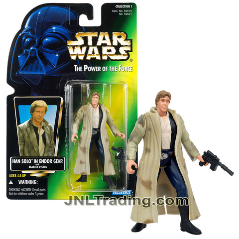 Year 1996 Star Wars Power of The Force Series 4 Inch Tall Figure - HAN SOLO in Endor Gear Trench Coat with Blaster