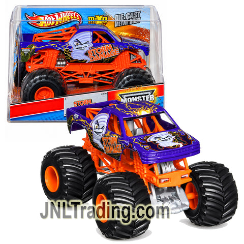 Year 2013 Hot Wheels Monster Jam 1:24 Scale Die-Cast Metal Monster Truck - STORM DAMAGE X9042-098C with Suspension & 4-Wheel Steering