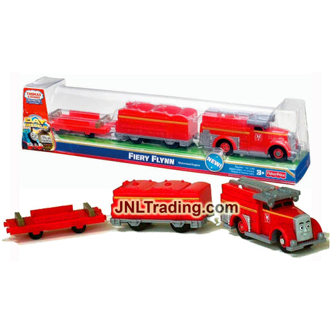 Year 2011 Thomas & Friends Trackmaster Motorized Railway Train Set - FIERY FLYNN V8338 the Fire Engine with Fire Rescue and Flatbed Trailer