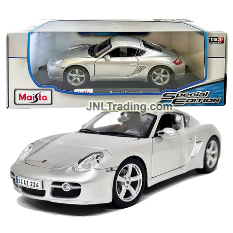 Maisto Special Edition Series 1:18 Scale Die Cast Car Set - Silver Coupe Roadster PORSCHE CAYMAN S with Display Base