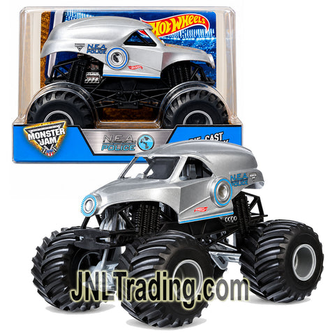Year 2016 Hot Wheels Monster Jam 1:24 Die-Cast Metal Truck - Silver N.E.A. New Earth Authority POLICE CGD64 with Working Suspension & 4-Wheel Steering