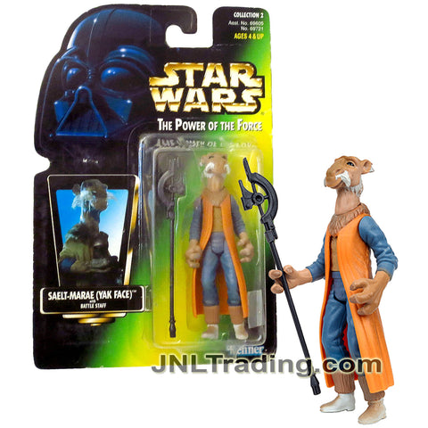 Year 1997 Star Wars Power of The Force Series 4.5 Inch Figure : SAELT-MARAE (YAK FACE) with Battle Staff