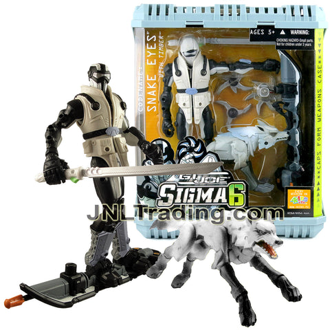 Year 2006 GI JOE Sigma 6 Series 8 Inch Figure - Ninja Commando SNAKE EYES with Timber the Wolf, Permafrost Sled, Thaw Missile, Sword and Battle Stars
