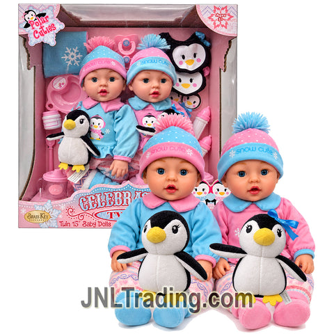Year 2016 Brass Key Keepsakes Polar Cuties Celebrating Twins 15" Baby Doll Set with 2 Plush Penguins, Bottles, Sippy Cups, Pacifiers & Accessories