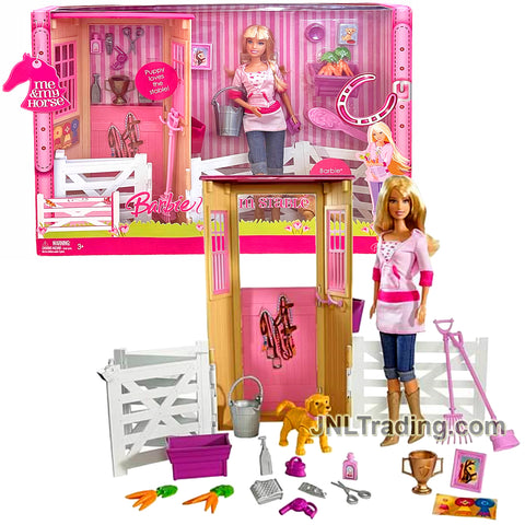Year 2007 DREAM STABLE L9709 Set with Barbie Doll, Puppy, Bucket, Hairbrush, Fence and More